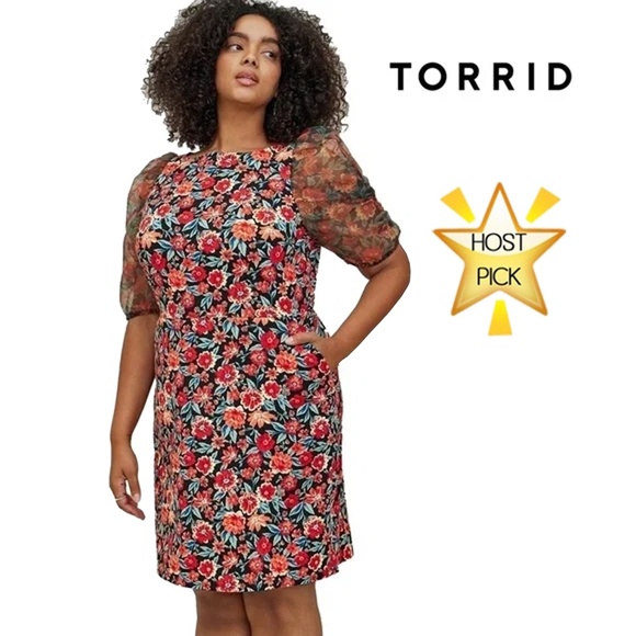 Torrid Cocktail Dress Mini Scuba w/ Pockets Crepe & Organza Puff Sleeve Floral - Picture 1 of 13